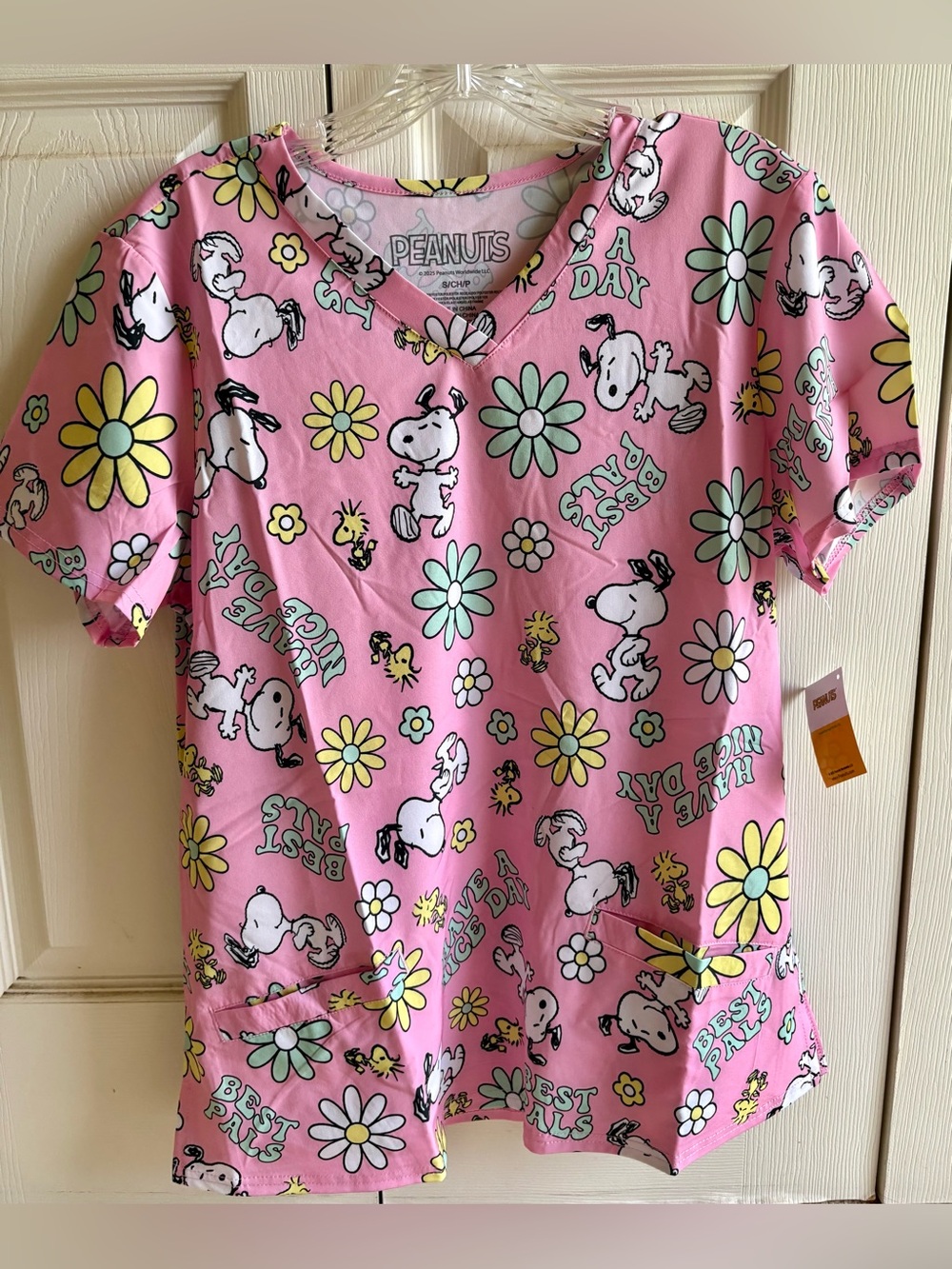 Peanuts Pink Snoopy & Woodstock Scrub Top